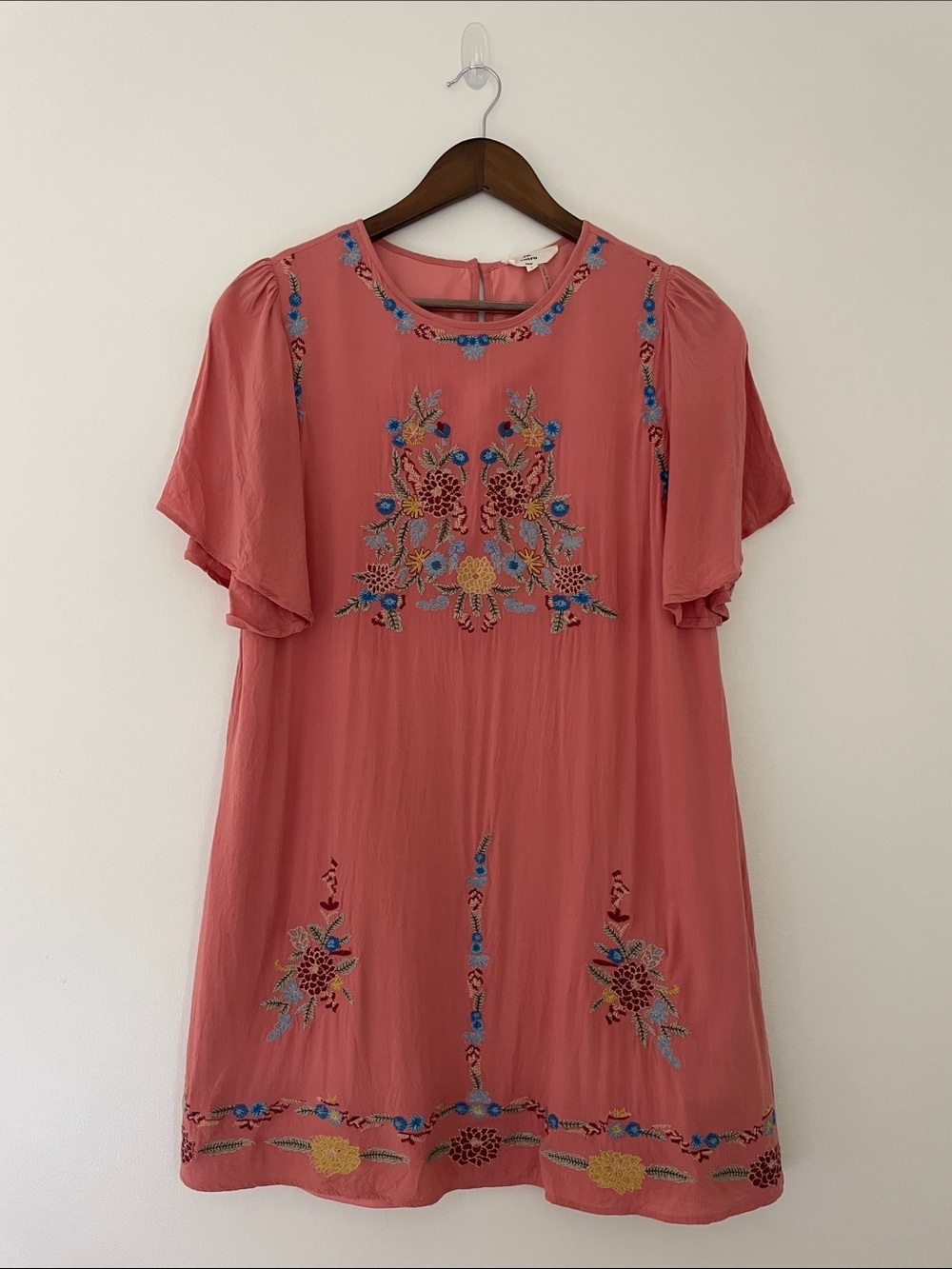 Embroidered Pink Flutter Sleeve Knee Length Dress